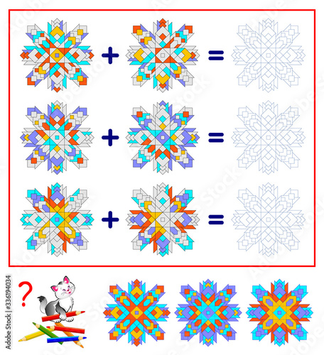 Math education for children. Printable worksheet for kids. Logic puzzle game. Coloring book. Solve examples and paint the ornaments. Mathematics exercise textbook on addition. Flat vector template.