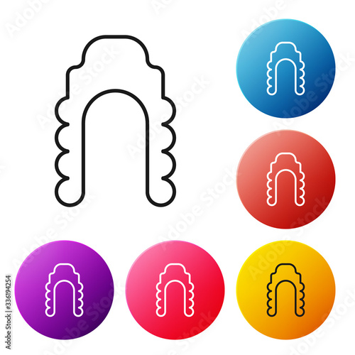 Black line Judge wig icon isolated on white background. Medieval style antique. Set icons colorful circle buttons. Vector Illustration