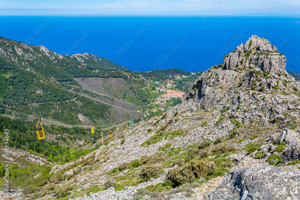 Fototapeta premium Scenic view from the top of Capanne Mountain in Elba Island. Province of Livorno, Tuscany, Italy.