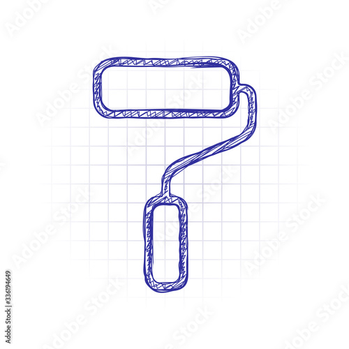 Paint roller, paintbrush, outline linear icon. Hand drawn sketched picture with scribble fill. Blue ink. Doodle on white background