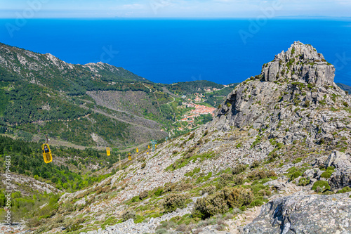 Scenic view from the top of Capanne Mountain in Elba Island. Province of Livorno, Tuscany, Italy. © e55evu