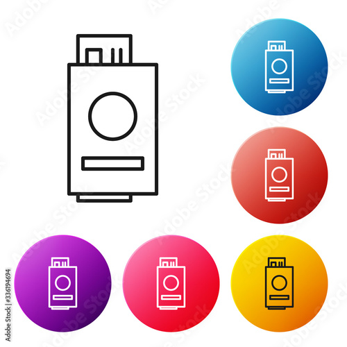 Black line Passport with ticket icon isolated on white background. Identification Document. Concept travel and tourism. Set icons colorful circle buttons. Vector Illustration