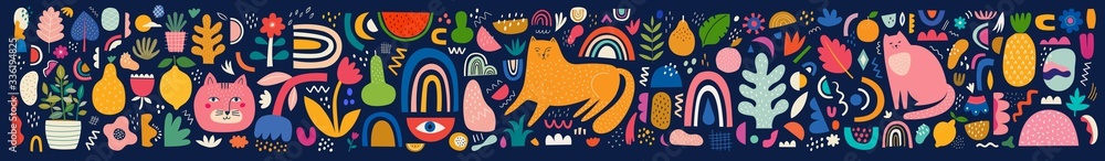 Cute spring pattern collection with cat. Decorative abstract horizontal banner with colorful doodles. Hand-drawn modern illustrations with cats, flowers, abstract elements