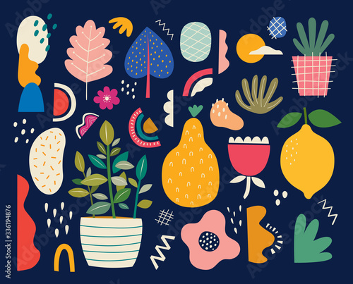 Collection of colorful doodles with summer fruits lemon, pear, flowers and leaves