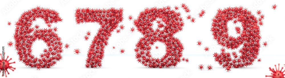 Numbers 6, 7, 8, 9 virus. Coronavirus Alphabet 3d render. ord made of Bacteria, word made of Virus, bacteria font, virus font, 3d alphabet, 3d bacteria, alphabet made of Bacteria, 