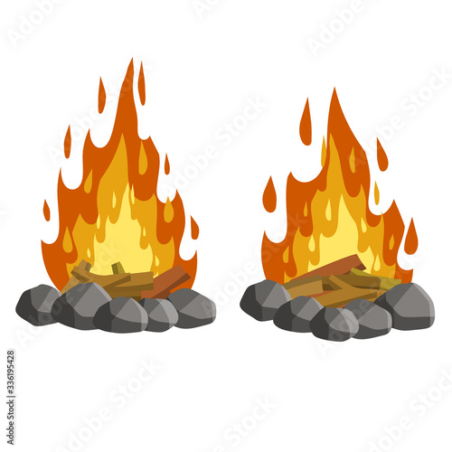 Red campfire. Orange flame. Tourist bonfire. Element of a hike. Heat and hot object. Fire lined with stones. Cartoon flat illustration