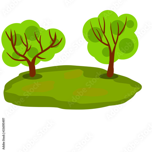 Landscape with grass and tree. Element of nature and forests. Background for illustration. Lawn, sward and greensward. Flat cartoon. Platform and ground