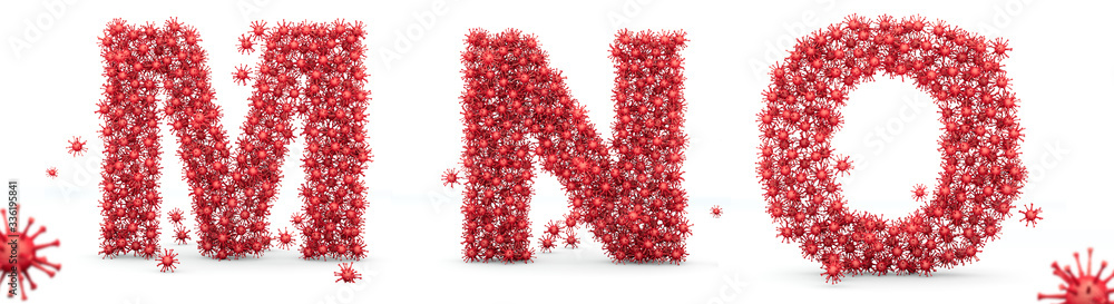 Letters M, N, O, virus. Coronavirus Alphabet 3d render. ord made of Bacteria, word made of Virus, bacteria font, virus font, 3d alphabet, 3d bacteria, alphabet made of Bacteria, alphabet made of virus