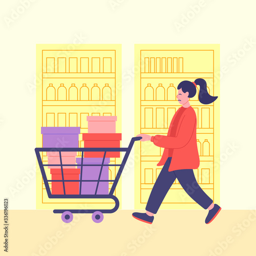 Coronavirus panic shopping. Coronavirus panic buying. Woman who ran away with a full shopping cart bought all the necessities she could get at the supermarket. Panic buying illustration.
