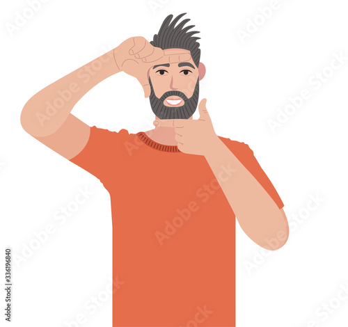 Bearded man focusing with his fingers, making frame with hands. Man focusing to you. Gesturing finger frame and looking through it. Vector illustration in cartoon style.