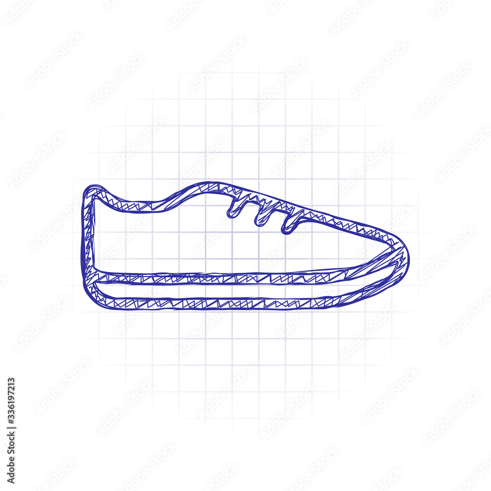 Shoe or sneaker, outline linear icon of sport. Hand drawn sketched picture with scribble fill. Blue ink. Doodle on white background Shoe or sneaker, outline linear icon of sport. Hand drawn sketched picture with scribble fill. Blue ink. Doodle on white background