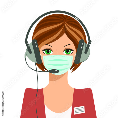 Portrait of young woman with medical mask on her face and headphone on her head. Remote work during сoronavirus pandemic or other  virus epidemics. Vector illustration isolated on white background.