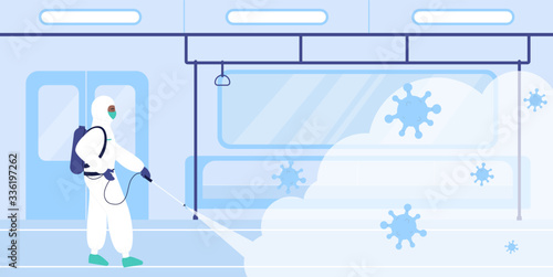 Disinfecting works in railway transport character flat concept vector illustration. A man in special protective suit in the subway sprays with chemical disinfectant from backpack, removing coronavirus