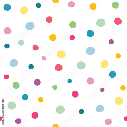 Cute and fun seamless pattern with imperfect colorful dots, pastel palette