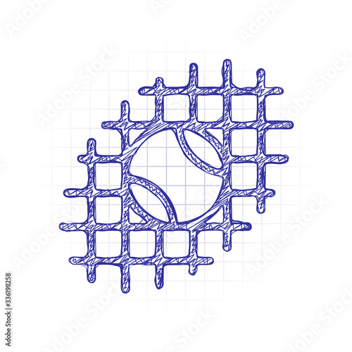 Tennis ball and grid, sport game, outline linear icon. Hand drawn sketched picture with scribble fill. Blue ink. Doodle on white background