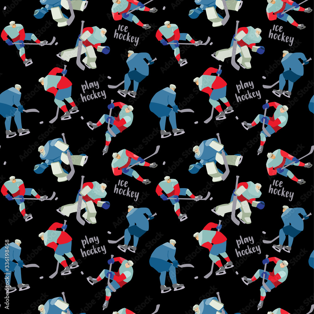 Fototapeta premium Ice Hockey seamless hand drawn pattern players and lettering.