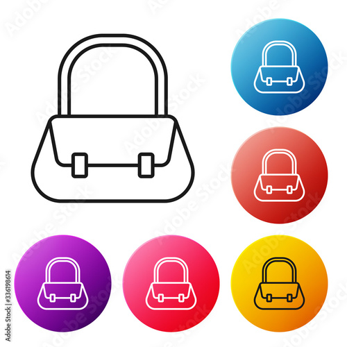 Black line Handbag icon isolated on white background. Female handbag sign. Glamour casual baggage symbol. Set icons colorful circle buttons. Vector Illustration