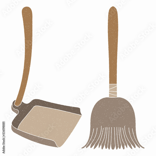 broom and dustpan vector design. digital hand drawn style. grain texture