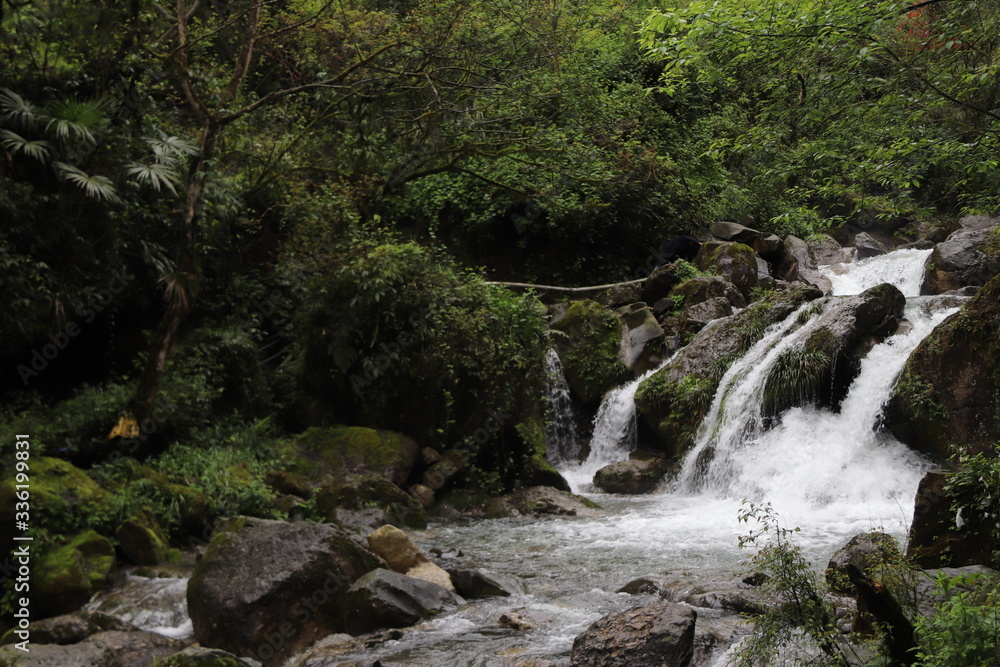 Beautiful landscape of cascade falls over mossy rocks, stones cover with moss, in a Mountain in Sichuan, China Beautiful landscape of cascade falls over mossy rocks, stones cover with moss, in a Mountain in Sichuan, China
