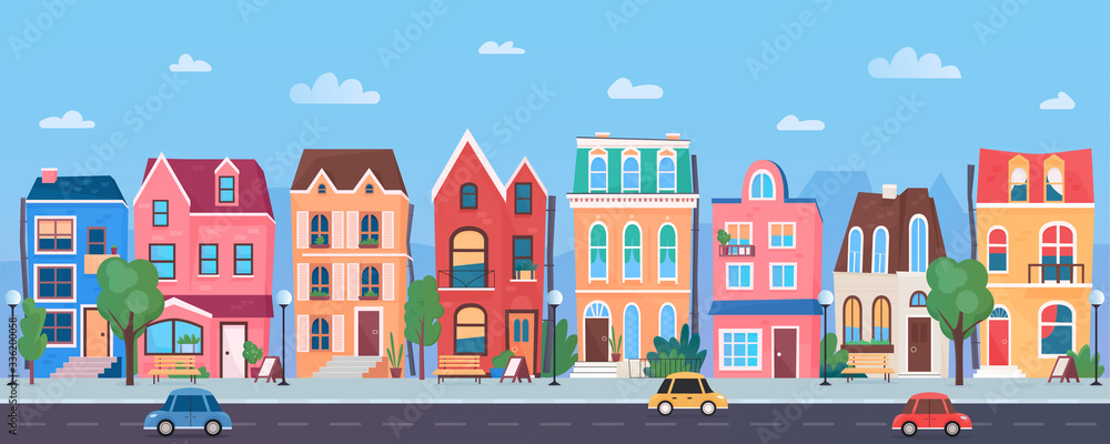 Old town sunny day cartoon vector illustration panorama with buildings, road and cars
