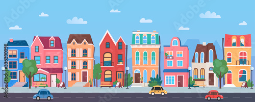Old town sunny day cartoon vector illustration panorama with buildings, road and cars