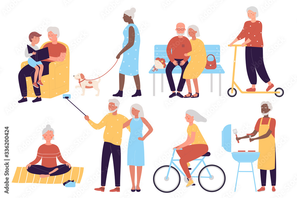 Multiracial old active social people character flat vector illustration set Multiracial old active social people character flat vector illustration set