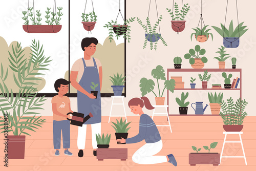 People family works with plants in public or private orangery, garden flat vector illustration. Houseplants in pots in light room, greenhouse, botanical garden, flowers growing, plant nursery