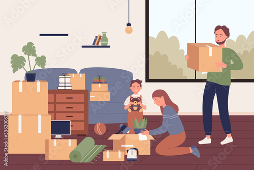 Lovely happy family moving into new apartment flat vector illustration. Parents and son characters unpacking things from cardboard boxes in light room with large window. Relocation Process.