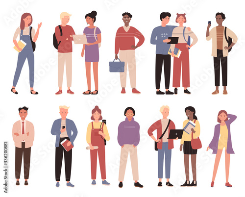 Young people students in protective casual and medical face masks. Men women wearing protection from coronavirus, covid-19, 2019-nCoV, urban air smog pollution, gas emission vector illustration.