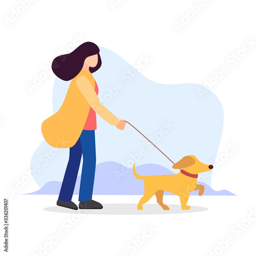 Pet sitting. Woman with dog on leash. Pet owner. Obedient animal. Vector isolated flat cartoon modern illustration in blue background.