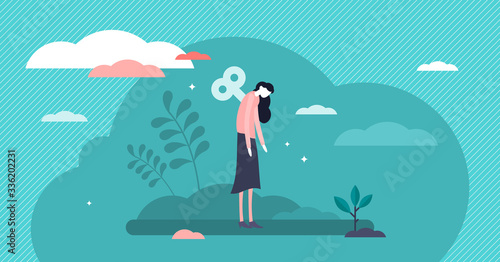 Burnout vector illustration. Low energy fatigue mother tiny persons concept