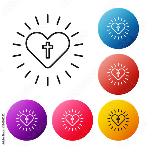 Black line Christian cross and heart icon isolated on white background. Happy Easter. Set icons colorful circle buttons. Vector Illustration
