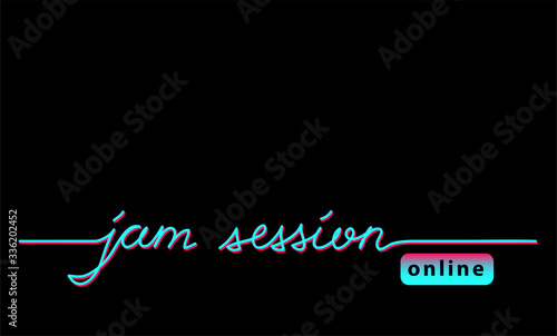 Online jam session black web banner, background with tiktok colors. Lettering jam session and Online button. Minimalist black background for tik tok.