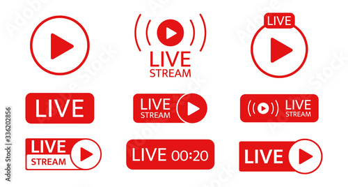 Live stream icon set. Social media template. Live streaming, video, news symbol on transparent background. Broadcasting, online stream. Play button. Social network sign. Vector illustration
