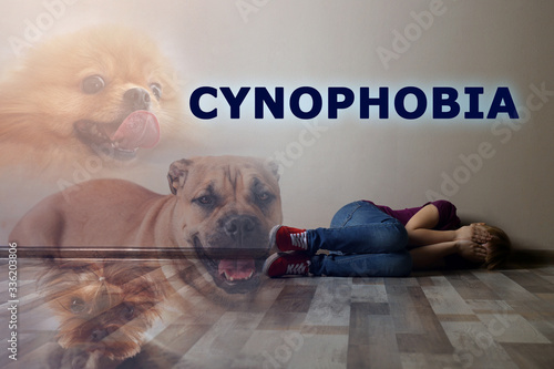 Cynophobia concept. Double exposure of scared little girl and dogs photo