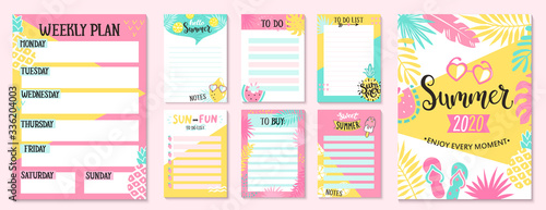 Weekly and Daily Planner Templates. Organizer and Schedule with Notes,To Do and to buy lists. Summer hand drawn blanks with tropical leaves,ice cream and fruits-pineapple,watermelon,lemon.Vector