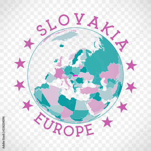 Slovakia round logo. Badge of country with map of Slovakia in world context. Country sticker stamp with globe map and round text. Authentic vector illustration.