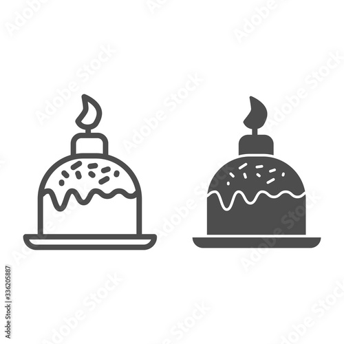 Easter cake on plate with candle line and solid icon. Traditional paschal dessert outline style pictogram on white background. Easter bakery for mobile concept and web design. Vector graphics.