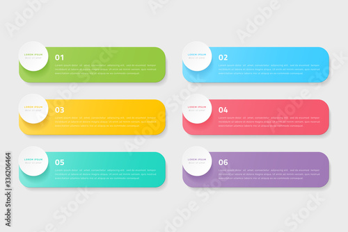 Vector timeline infographic with 6 options, steps or processes. Colorful template design