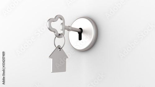 House keys isolated on white background. Concept illustration of a dream house. 3D-rendering.