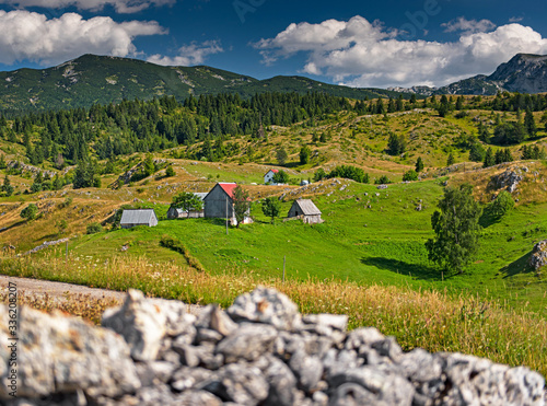 Nice village with wooden houses in the mountains of Montenegro