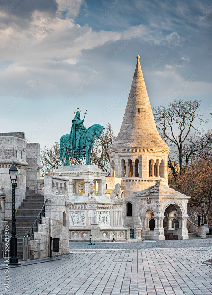 BUDAPEST, HUNGARY - 28 MARCH, 2020: Statue of Saint Stephen I in Front of Fisherman's Bastion, Budapest.