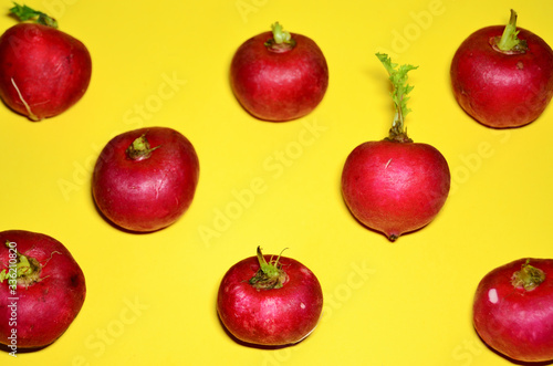 Pattern of radish on a yellow background close-up