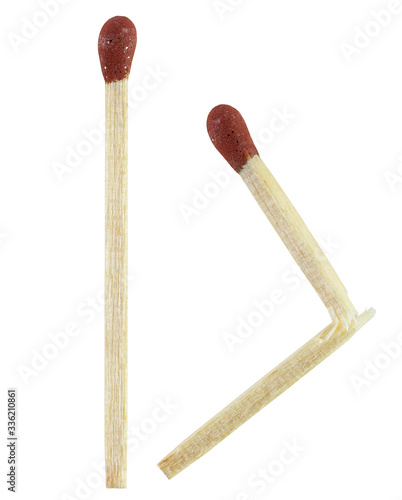 Intact and broken safety match. Objects isolated on a white