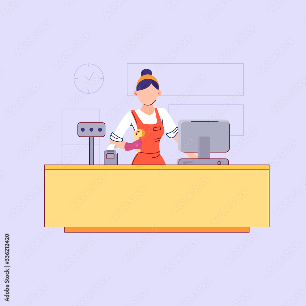 Cashier in red uniform stands behind checkout counter of grocery mall in supermarket and holds receptionist. Vector flat modern illustration. Vacancy seller, Cashbox and cash register in store.