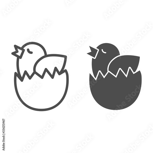 Chick in egg line and solid icon. Chicken hatched from an egg outline style pictogram on white background. Easter chick wants to fly out of eggshell for mobile concept and web design. Vector graphics.