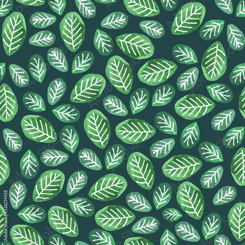 Abstract floral seamless pattern with hand drawn green leaves on a dark background. Cute artistic texture, background for fabric print, wallpaper, wedding invitations, cards, gift wrap.