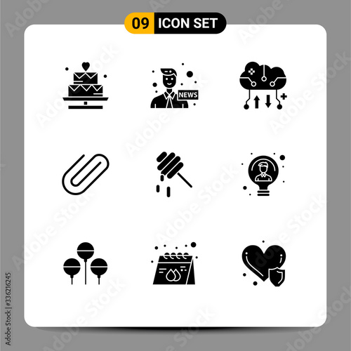 Group of 9 Modern Solid Glyphs Set for bee, clip, cloud backup, binder, online storage photo