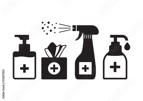 Disinfection. Hygiene. Hand sanitizer bottles, washing gel, spray, wet wipes, liquid soap, napkins. Vector illustration