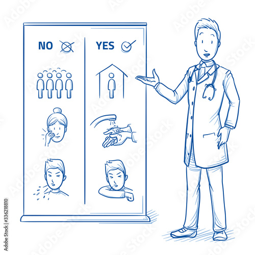 Scientist or doctor presenting rules what to do or not in corona virus pandemy. Hand drawn blue outline line art cartoon vector illustration.